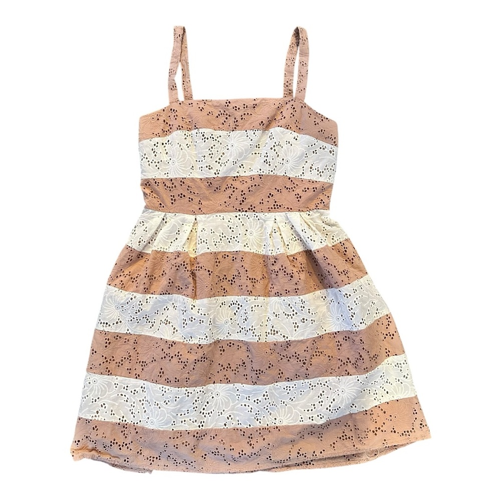 Ann Taylor LOFT Womens 4P Striped Eyelet Fit Flare Dress Sleeveless Lined Cotton